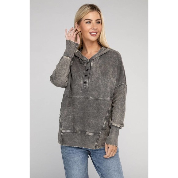 ZENANA French Terry Acid Wash Kangaroo Pocket Hoodie Sweatshirt in Mocha Grey - Picture 7 of 9